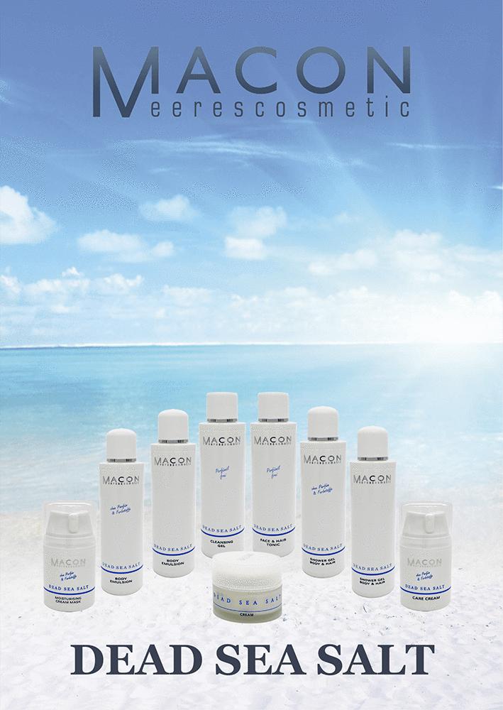 Tiegel mit Dead Sea Salt Creme auf einer Salzformation vor dem Hintergrund des Toten Meeres.