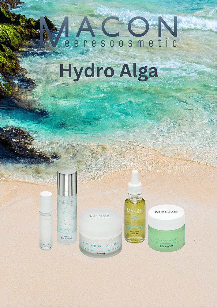 Tiegel mit Hydro Alga Creme vor einem Hintergrund mit Unterwasser-Algenlandschaft.