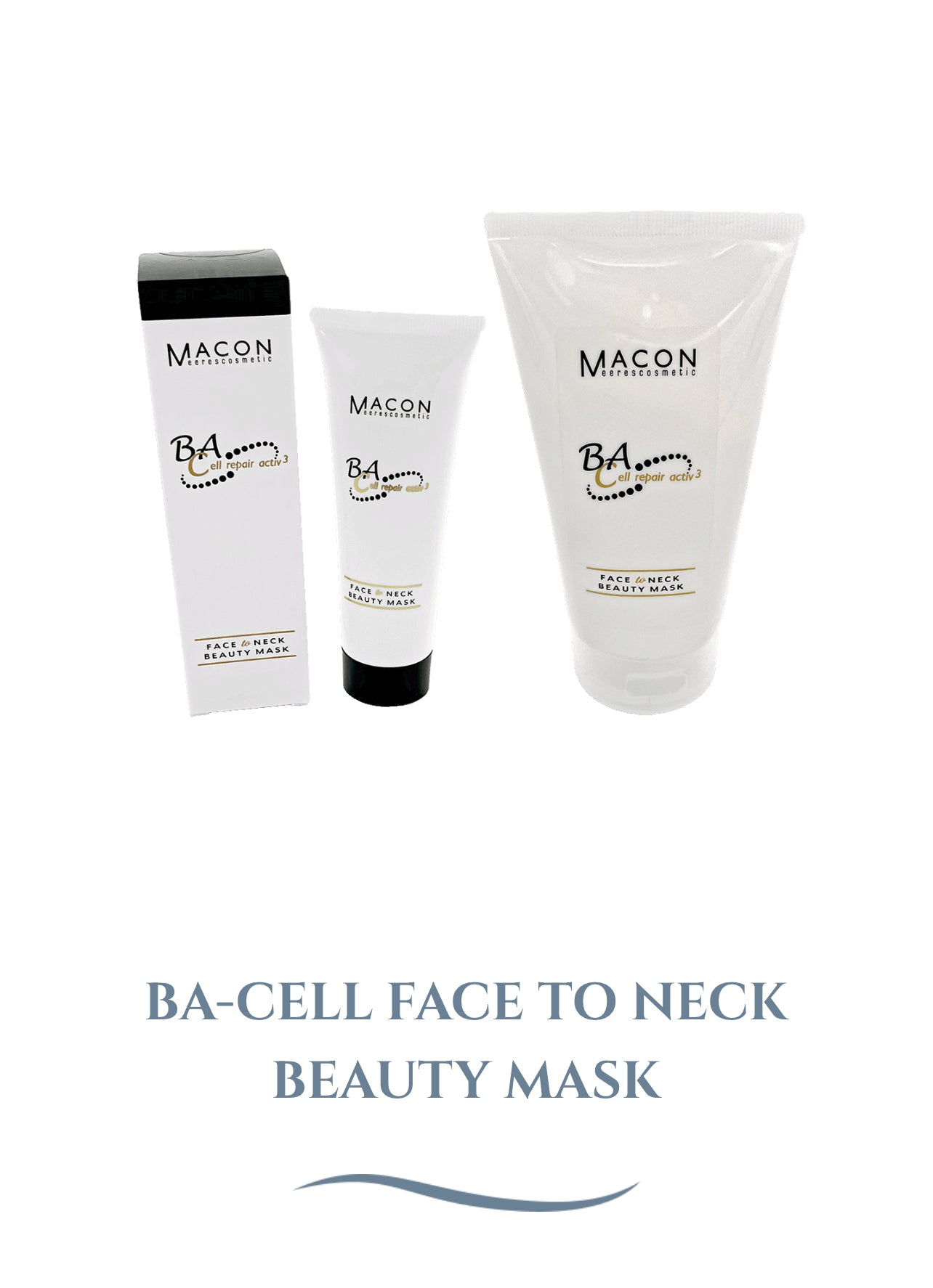 Produktbild der MACON Meereskosmetik BA-Cell Face to Neck Beauty Mask, bestehend aus einer Verpackungsbox, einer Tube und einem größeren Behälter, vor weißem Hintergrund.
