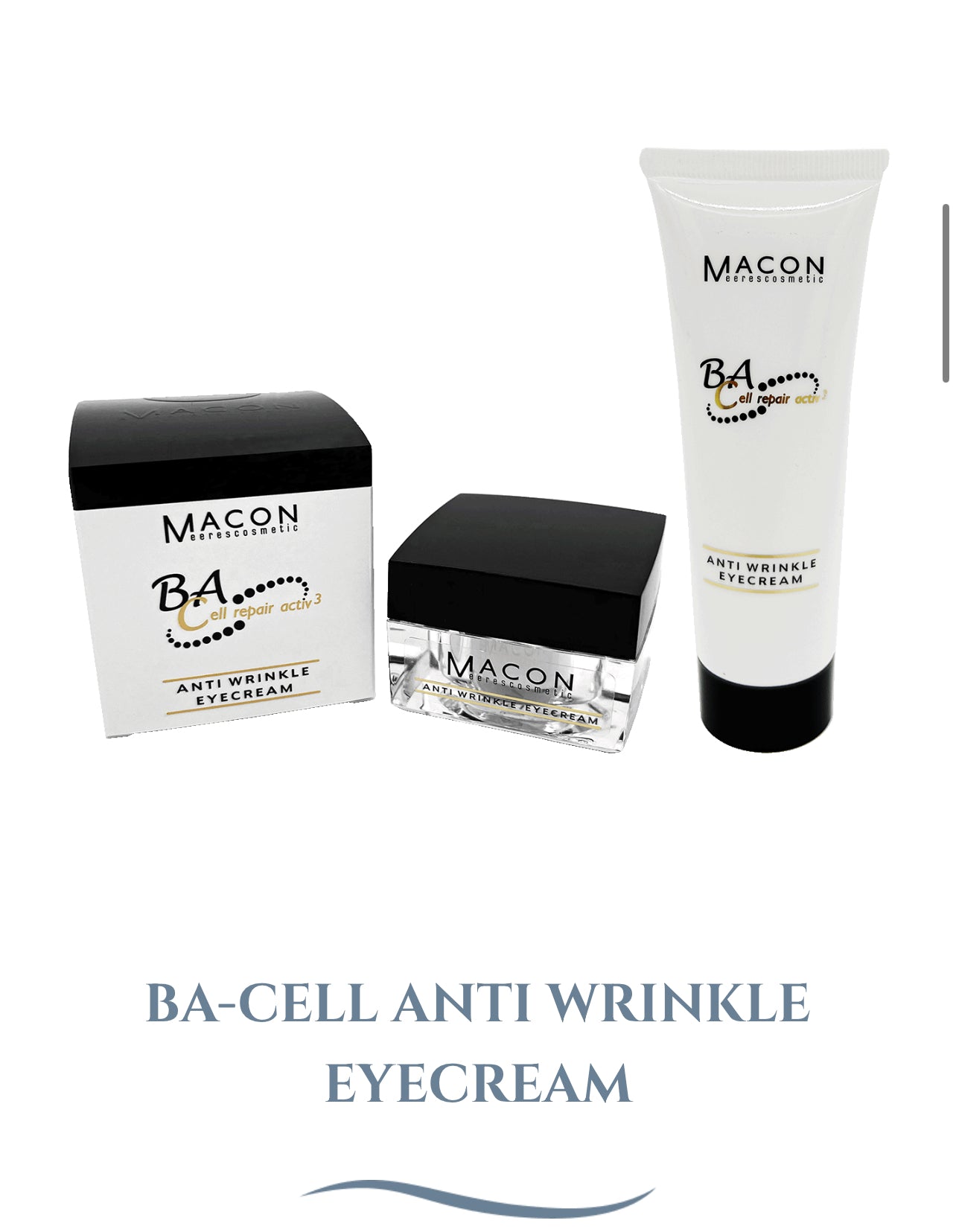 Produktbild der MACON Meereskosmetik BA-Cell Anti Wrinkle Eyecream, bestehend aus einem Tiegel mit Verpackungsbox und einer Tube, vor weißem Hintergrund.