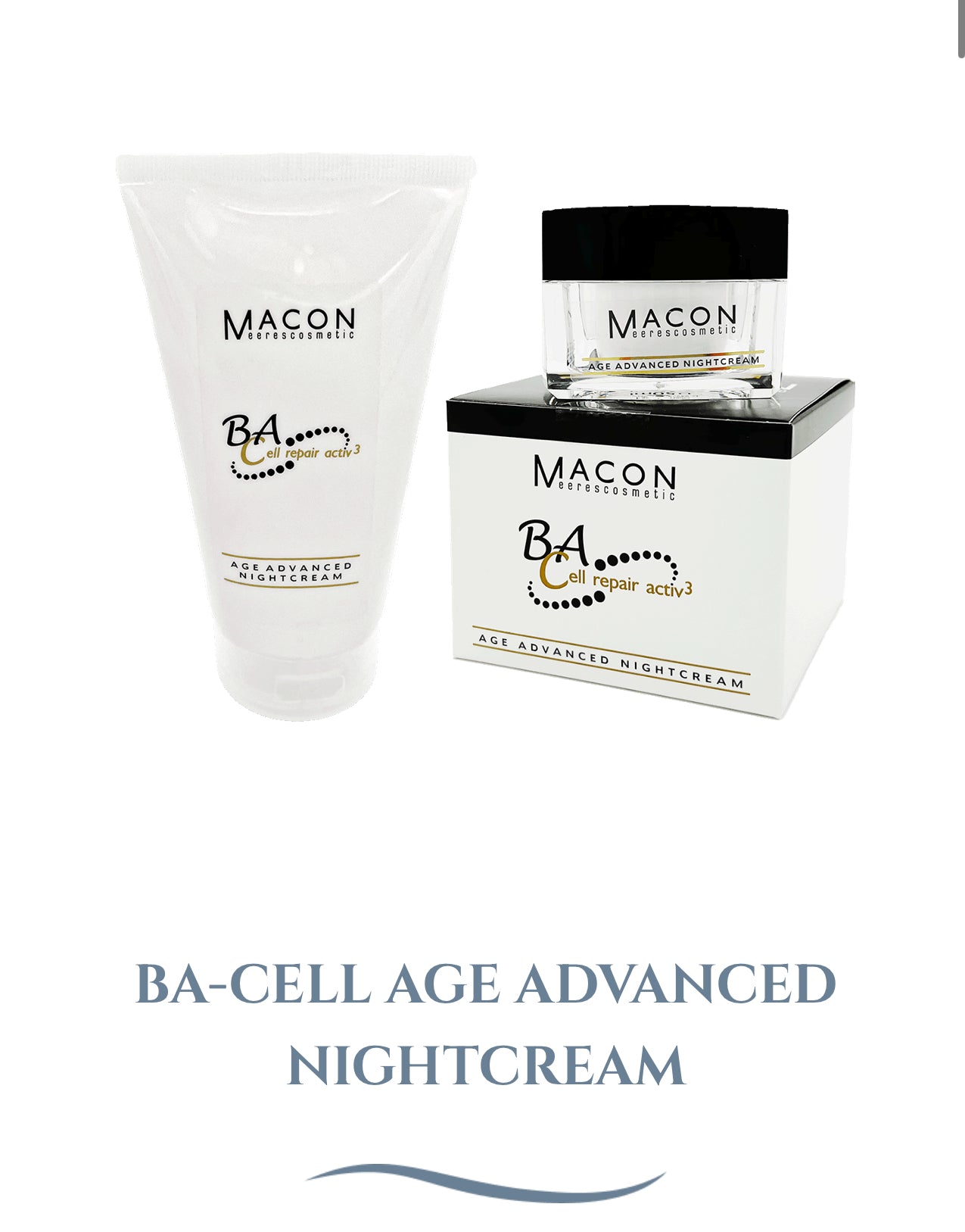 Produktbild der MACON Meereskosmetik BA-Cell Age Advanced Nightcream, bestehend aus einer Tube und einem Tiegel mit Verpackungsbox, vor weißem Hintergrund.