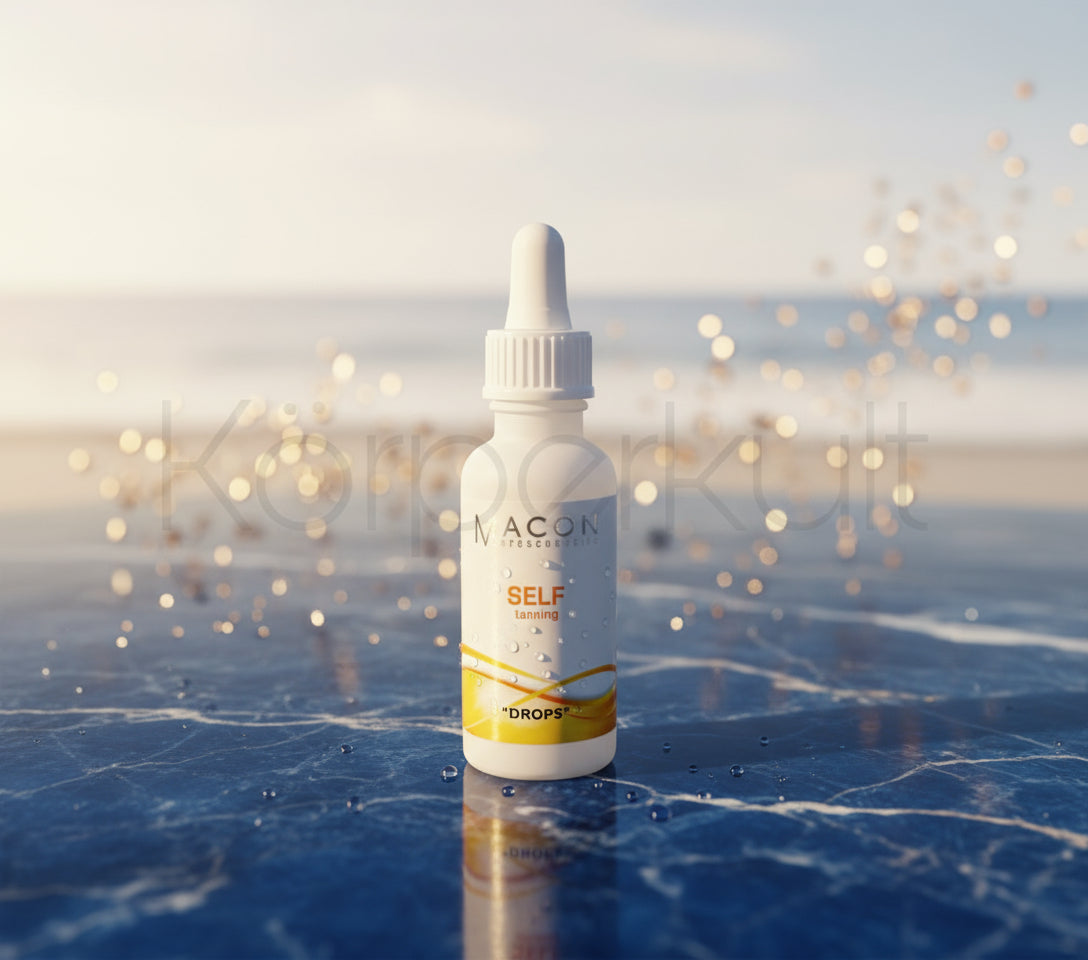 Detailansicht der Verpackung der Selbstbräunungstropfen, perfekt für die individuelle Bräunungskontrolle durch Zugabe in die tägliche Pflege.