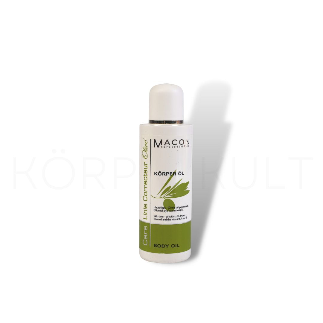 Flasche des Macon Meerescosmetic Olivé Body Öls mit grünem Etikett.