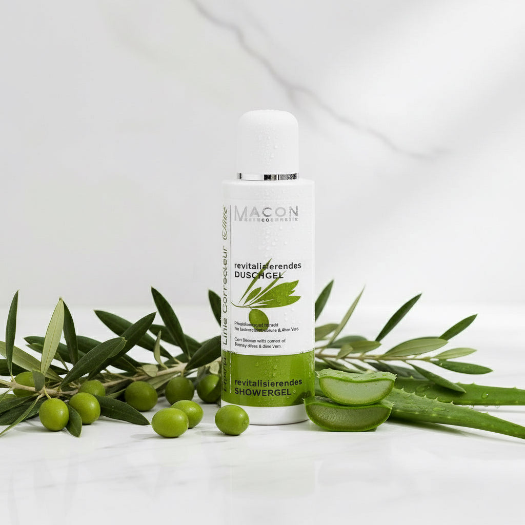 Rückansicht der Flasche von Macon Meerescosmetic Olivé Revitalisierendes Duschgel.