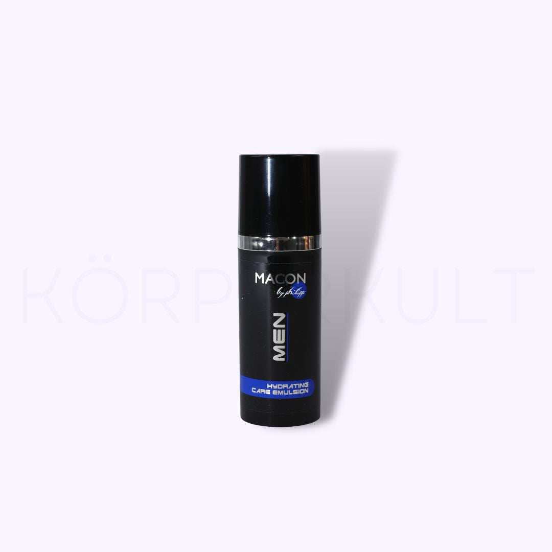 Macon Meerescosmetic Men Hydrating Care Emulsion - Verpackung und Produktflasche nebeneinander