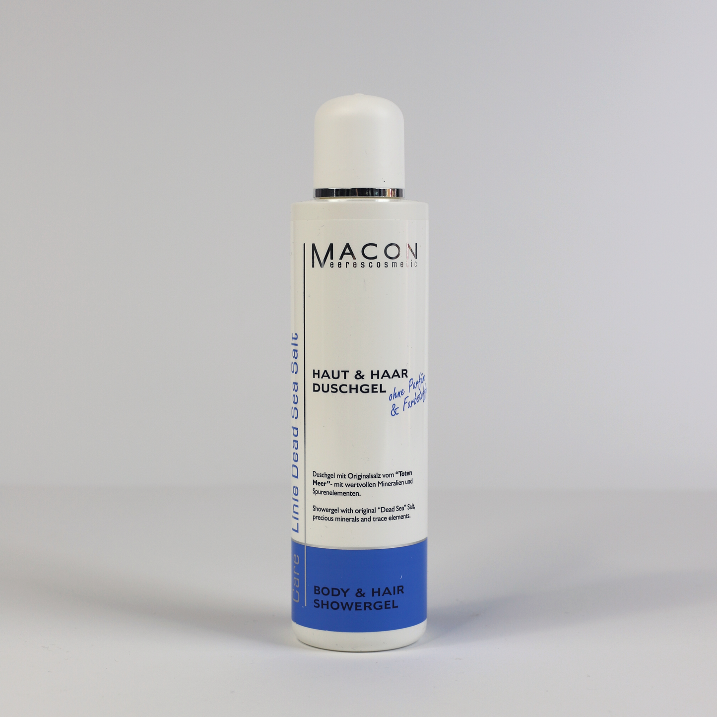 Macon Meerescosmetic Dead Sea Salt Nahaufnahme mit grauem Hintergrund