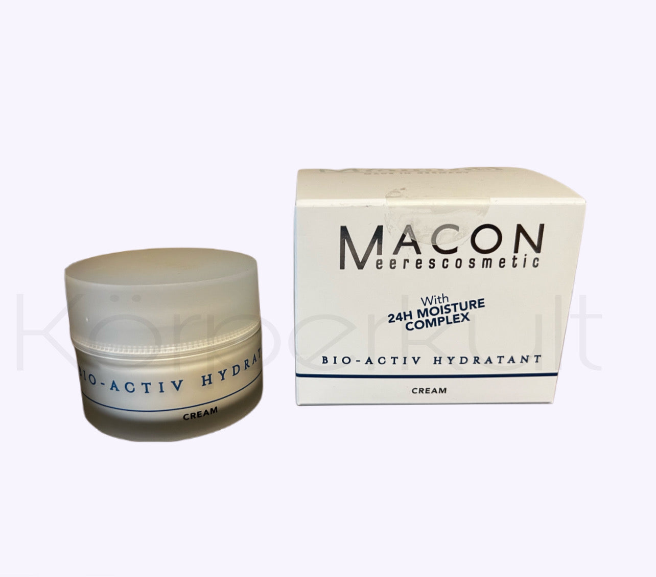 Macon Meerescosmetic Bio Activ Hydratant Cream - Tiegel und Verpackung nebeneinander dargestellt, zeigt das Design und die Größe des Produkts, 50 m