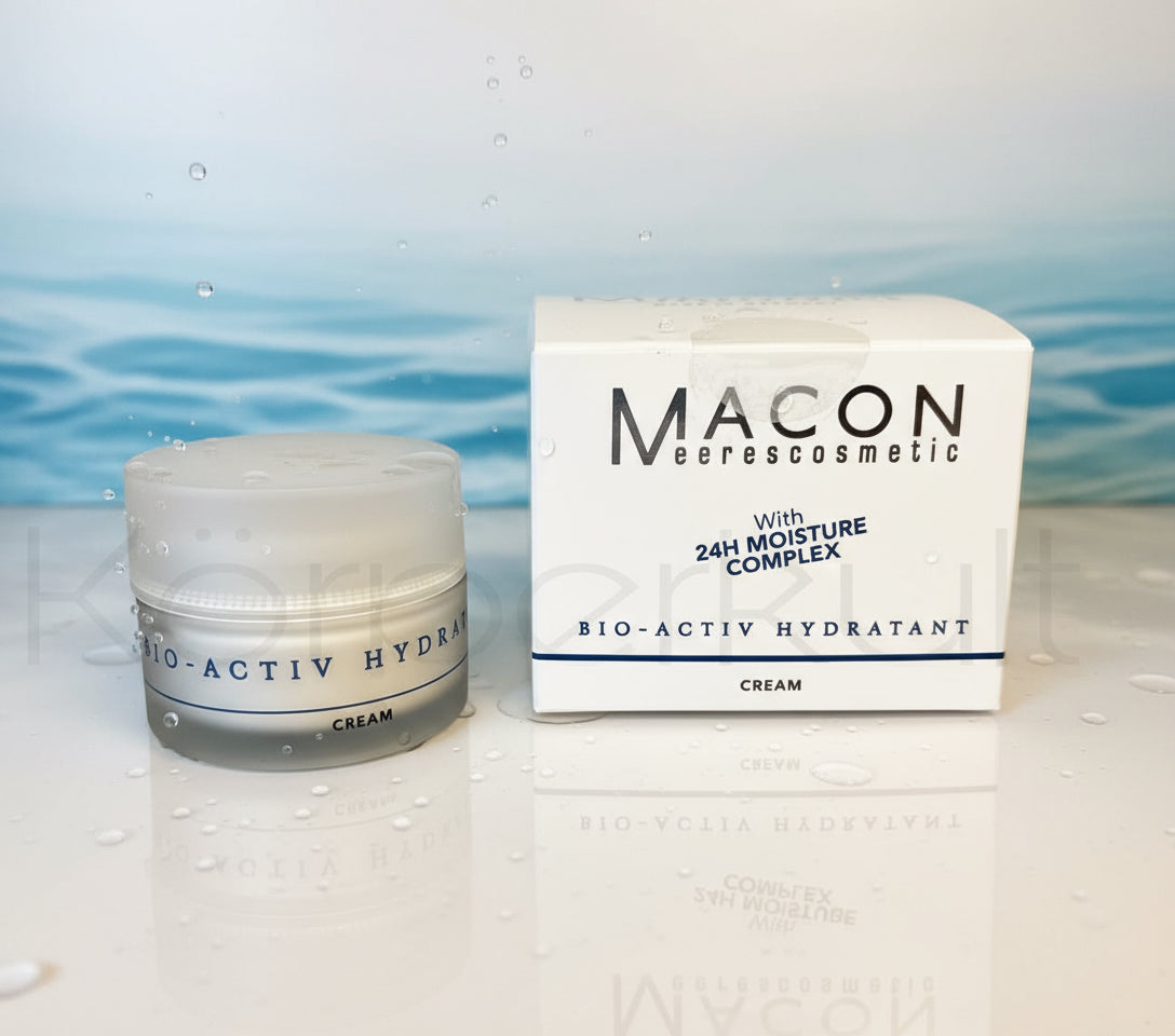 Macon Meerescosmetic Bio Activ Hydratant Cream - Tiegel und Verpackung nebeneinander dargestellt, zeigt das Design und die Größe des Produkts, 50 m