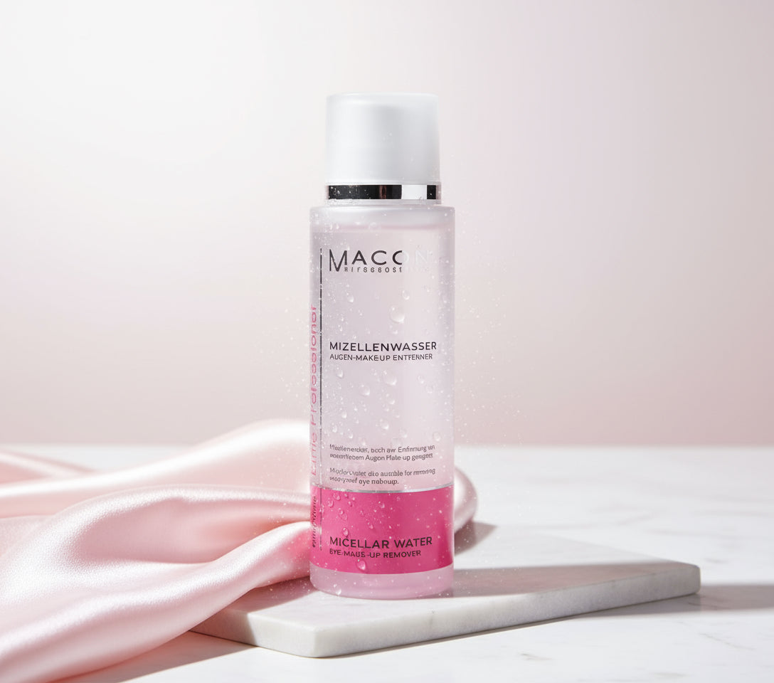 Macon Meerescosmetic Mizellenwasser Augen Make-Up Entferner auf einem weißen Hintergrund.