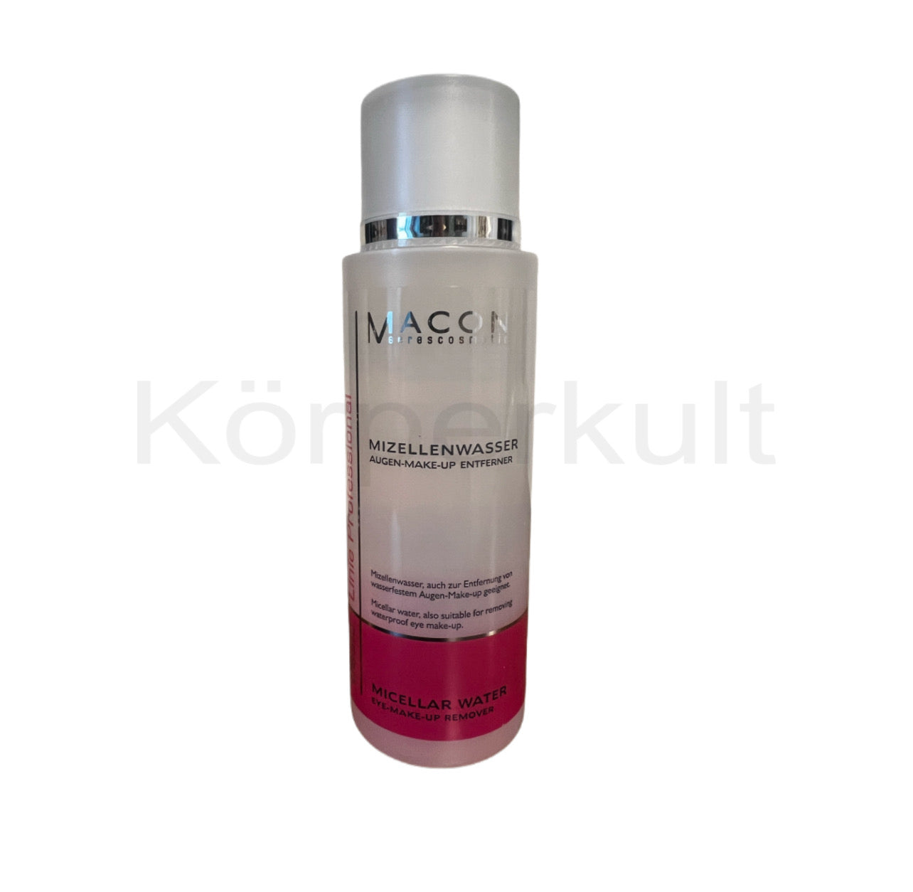 Flasche des Macon Meerescosmetic Mizellenwasser Augen Make-Up Entferner (125ml) mit roséfarbenem Inhalt.