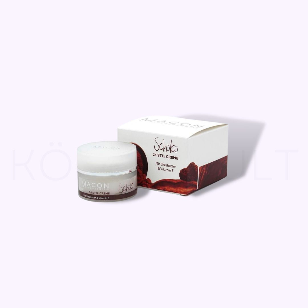 Detailansicht der Verpackung und Textur der beruhigenden Schoko Creme, perfekt für die kalte Jahreszeit.