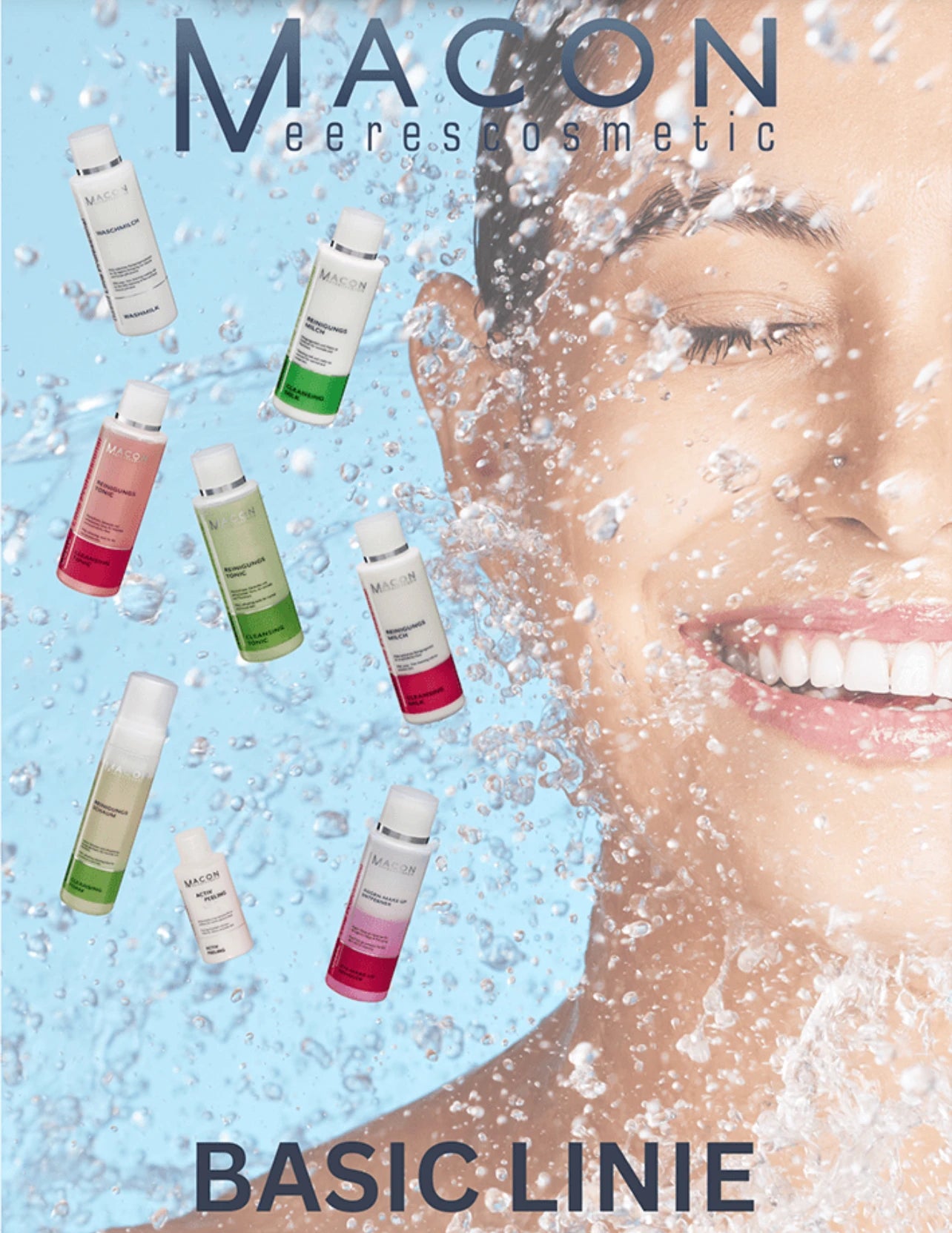 Werbung für MACON Meereskosmetik Basic Linie Produkte, gezeigt neben einem strahlenden Gesicht einer Frau mit Wassertröpfchen.