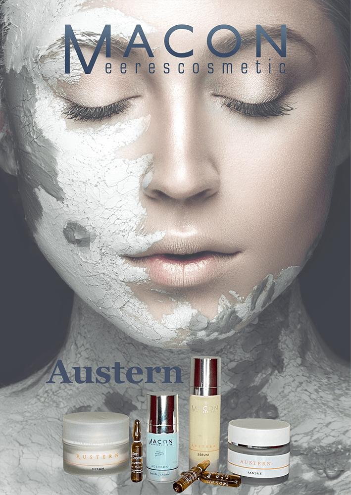 Luxuriöse Pflegeprodukte aus der Macon Austernkollektion. Eine Creme in einem eleganten Tiegel, präsentiert auf einer Auster vor einem verschwommenen maritimen Hintergrund.