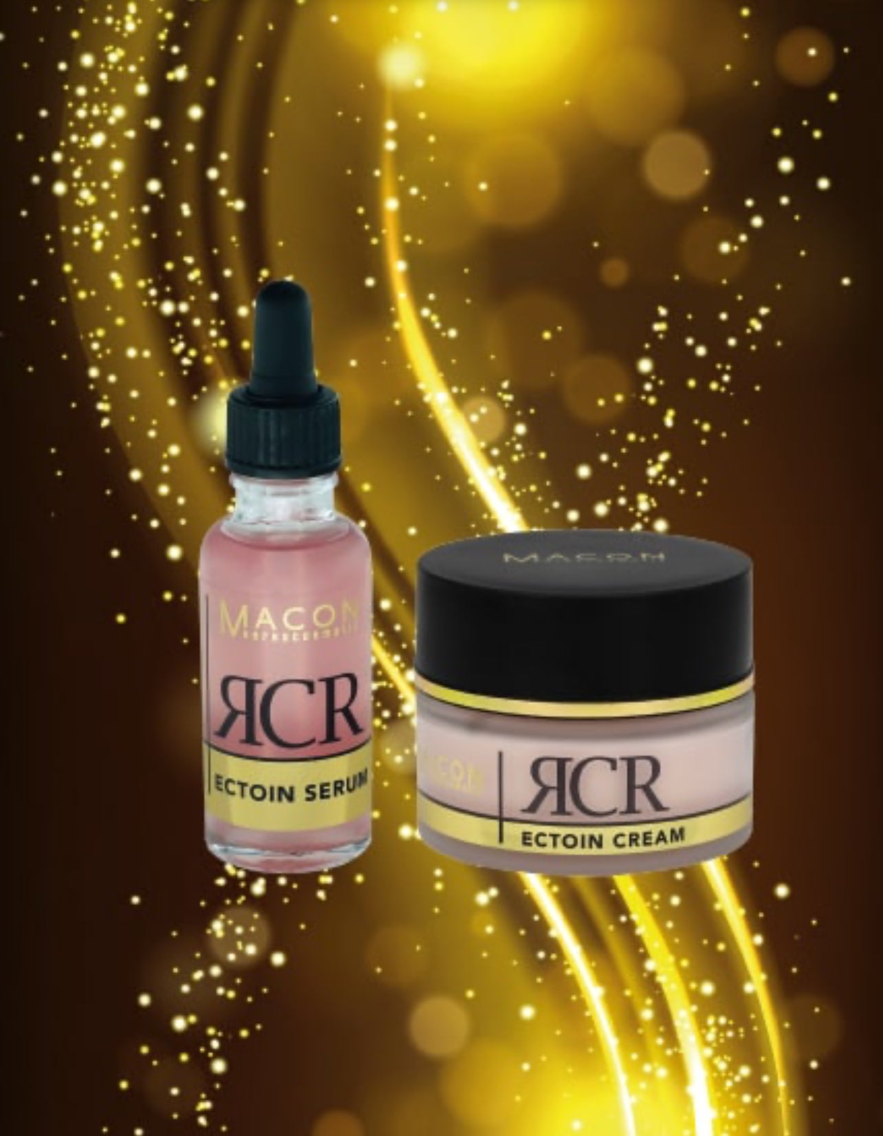 RCR Ectoin Serum und Ectoin Cream von MACON vor goldenem, funkelndem Hintergrund – Luxuriöse Hautpflegeprodukte.
