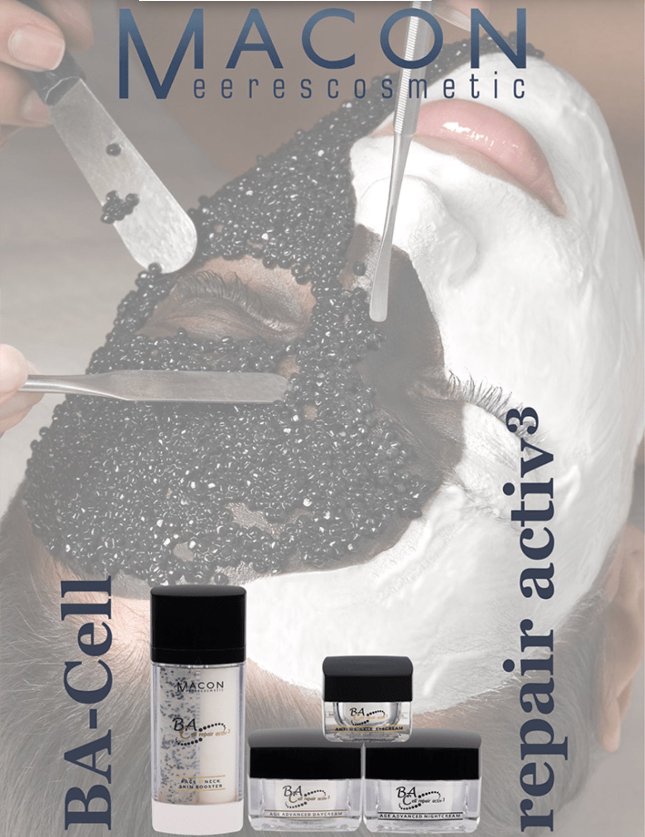 Werbung für MACON Meereskosmetik BA-Cell Repair Activ3, mit einer Gesichtsbehandlung und verschiedenen Pflegeprodukten.