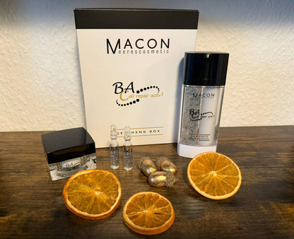 BA-Cell Repair Aktiv³ Geschenkbox von MACON Meerescosmetic – Anti-Aging und Feuchtigkeitspflege-Set für Gesicht und Hals, mit Caviar-Extrakt und hochwertigen Pflegeprodukten für anspruchsvolle Haut. Ideal als luxuriöses Geschenk oder für die eigene Winterpflege.
