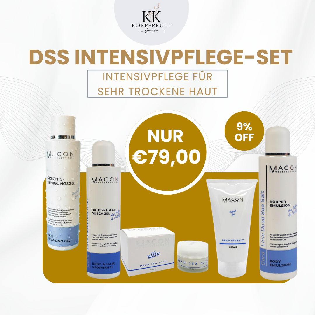 DSS Intensivpflege-Set – Macon Bundle mit Gesichtsreinigungsgel, Haut & Haar Duschgel, Dead Sea Salt Creme und Körper Emulsion, 9% Rabatt, nur 79,00€