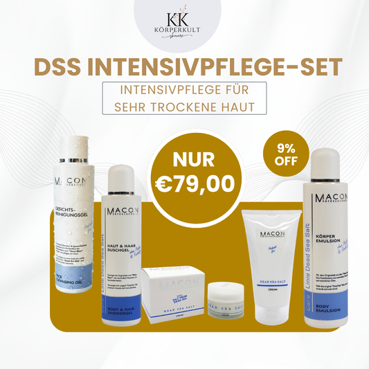 DSS Intensivpflege-Set – Macon Bundle mit Gesichtsreinigungsgel, Haut & Haar Duschgel, Dead Sea Salt Creme und Körper Emulsion, 9% Rabatt, nur 79,00€