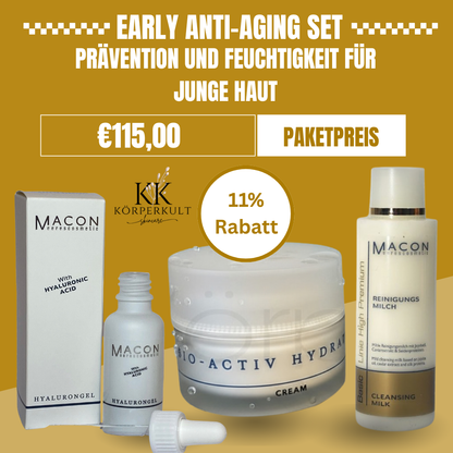 Early Anti-Aging Set – Macon Bundle mit Hyaluron Gel, Bio Activ Hydratant Cream und Reinigungsmilch, 11% Rabatt, nur 115,00€