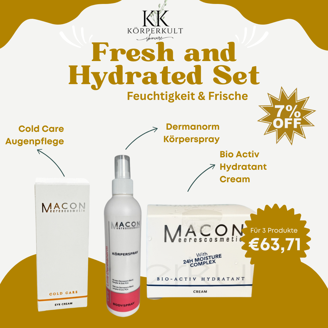 Fresh and Hydrated Set – Macon Feuchtigkeits Bundle mit Bio Activ Hydratant Cream, Cold Care Augenpflege und Dermanorm Körperspray, 7% Rabatt