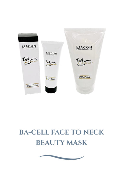 Produktbild der MACON Meereskosmetik BA-Cell Face to Neck Beauty Mask, bestehend aus einer Verpackungsbox, einer Tube und einem größeren Behälter, vor weißem Hintergrund.