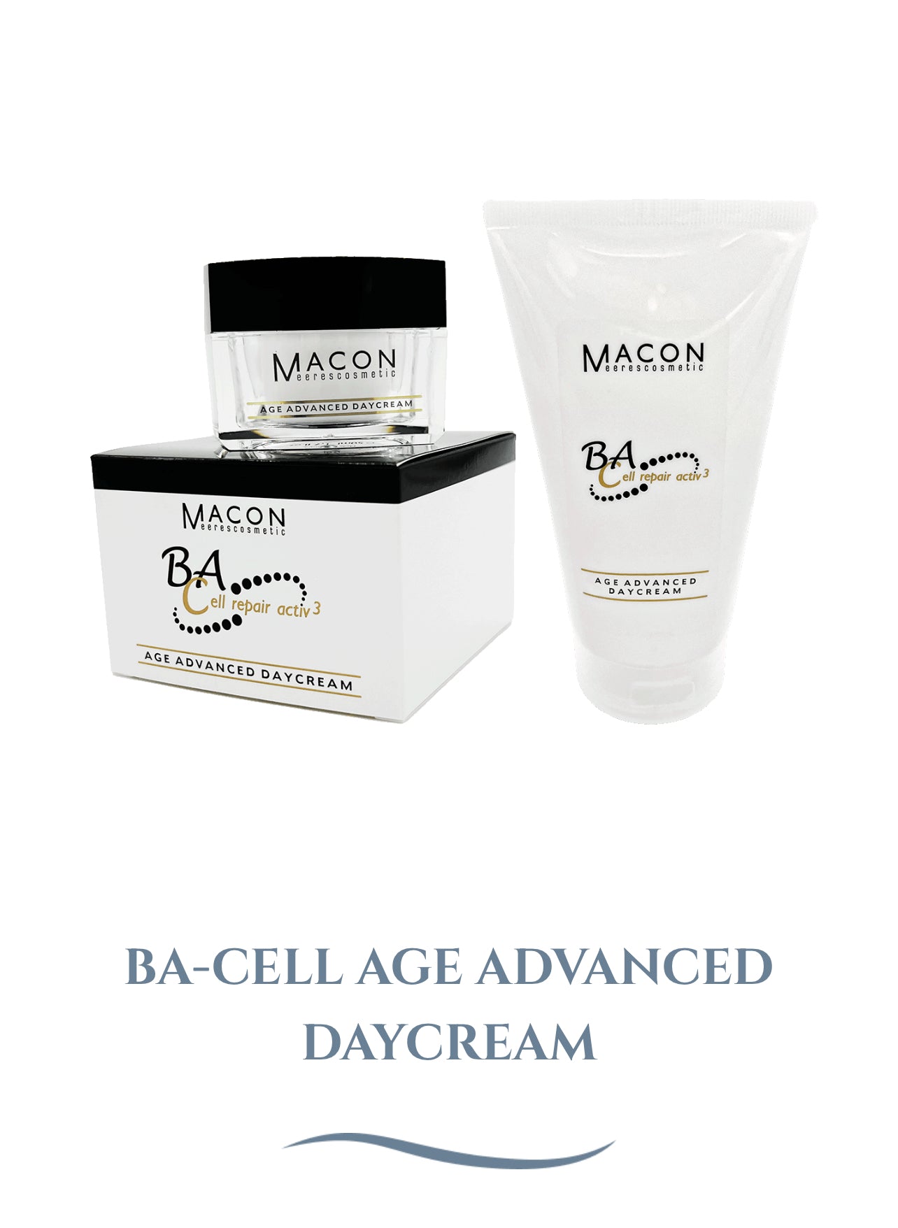 Produktbild der MACON Meereskosmetik BA-Cell Age Advanced Daycream, bestehend aus einem Tiegel mit Verpackungsbox und einer Tube, vor weißem Hintergrund.