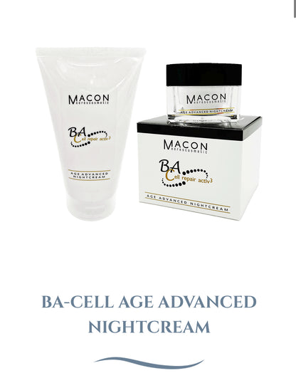 Produktbild der MACON Meereskosmetik BA-Cell Age Advanced Nightcream, bestehend aus einer Tube und einem Tiegel mit Verpackungsbox, vor weißem Hintergrund.