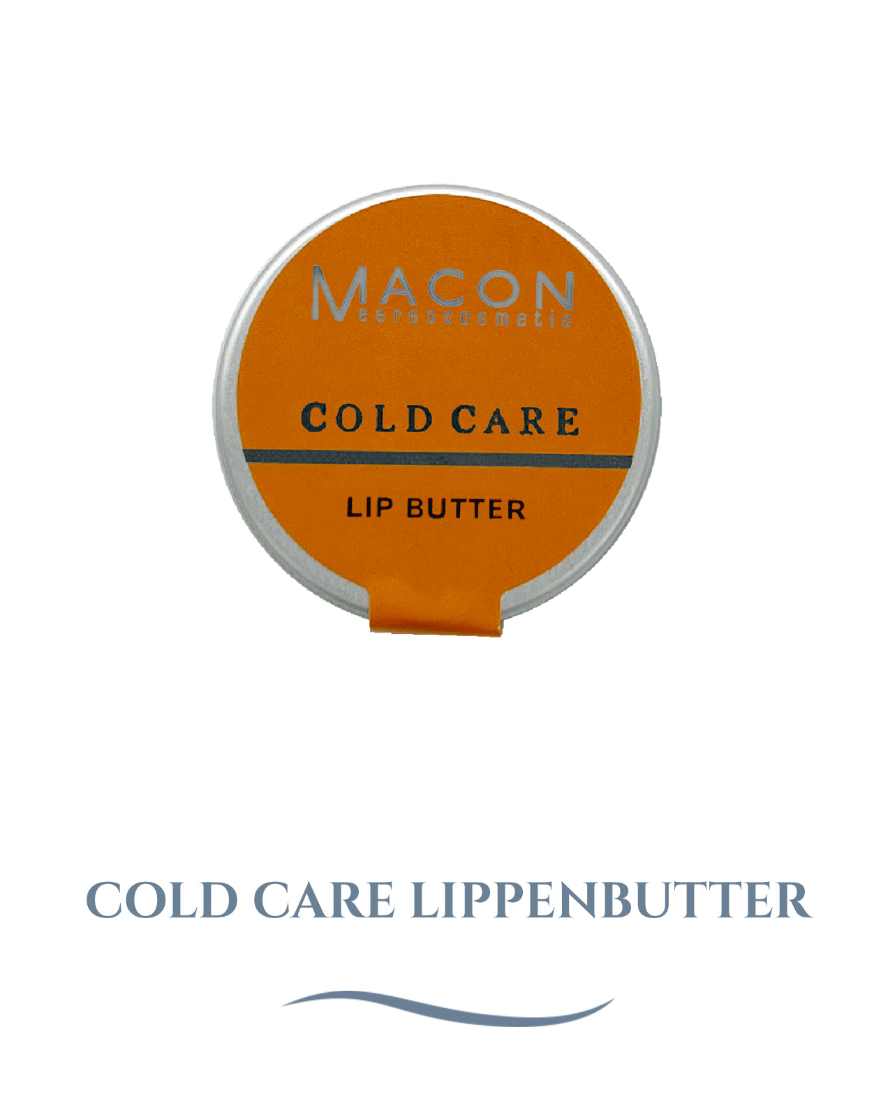 Bild einer runden Dose Macon Cold Care Lippenbutter in Orange und Silber.