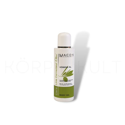 Flasche des Macon Meerescosmetic Olivé Body Öls mit grünem Etikett.