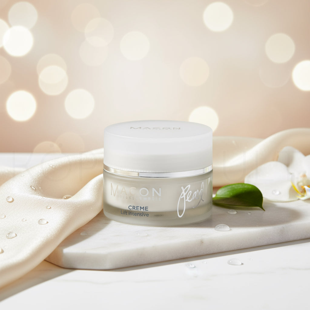 Zeigt die Anwendung der Creme auf der Haut, um Falten zu mildern und die Haut zu revitalisieren.