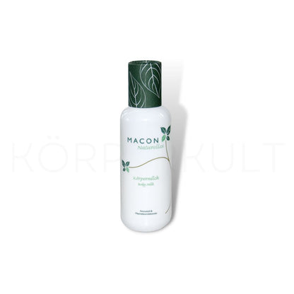 Flasche der Macon Meerescosmetic Naturelles Körpermilch auf weißem Hintergrund.