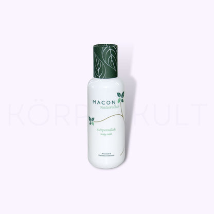 Rückansicht der Flasche der Macon Meerescosmetic Naturelles Körpermilch mit Produktinformationen.