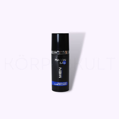 Macon Meerescosmetic Men Hydrating Care Emulsion - Verpackung und Produktflasche nebeneinander