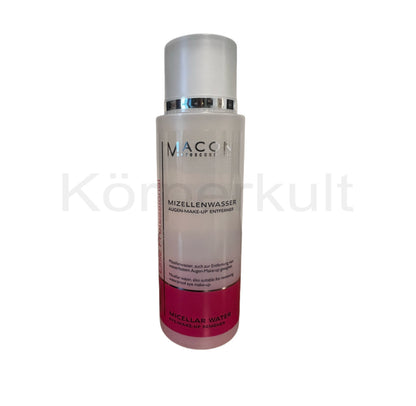Flasche des Macon Meerescosmetic Mizellenwasser Augen Make-Up Entferner (125ml) mit roséfarbenem Inhalt.